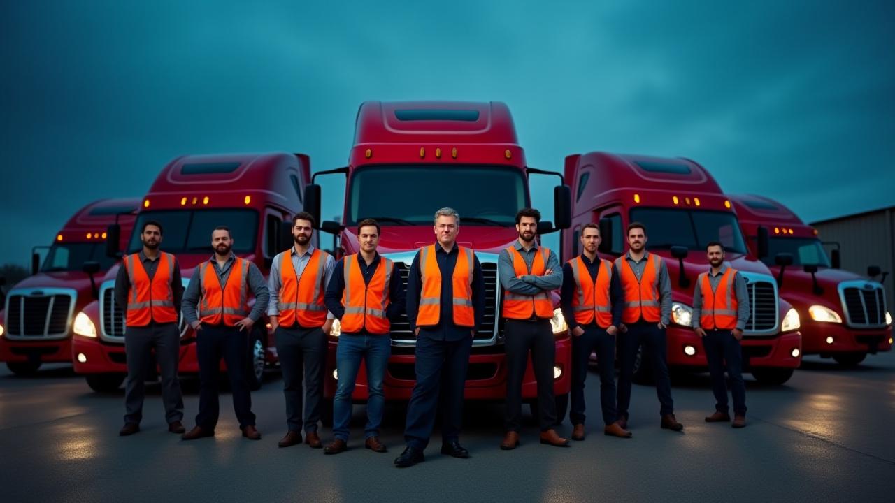 T & A Trucking professional team standing in front of heavy-duty fleet