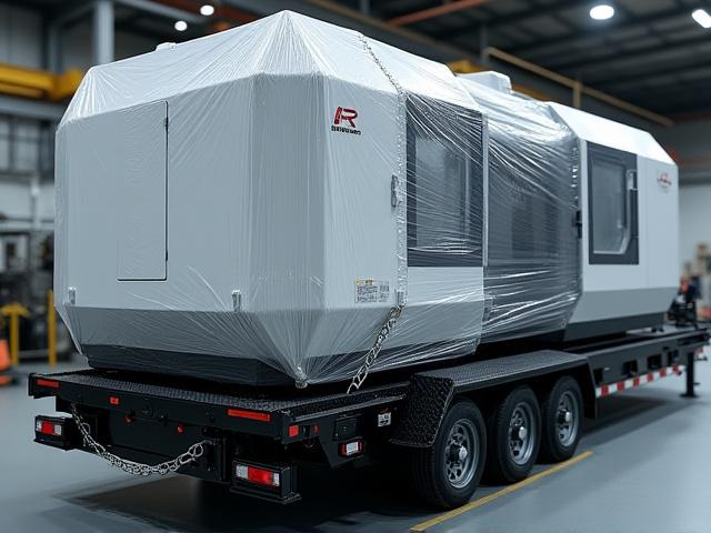 Large CNC industrial machine on a step-deck trailer