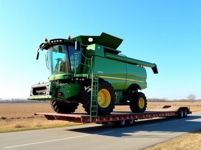 Agricultural combine on an RGN trailer ready for transport