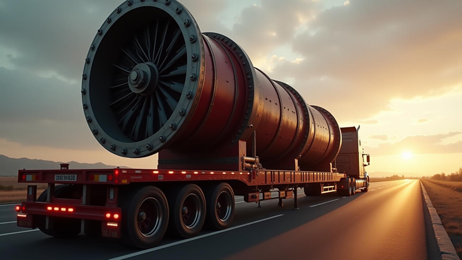Large industrial turbine being transported on a specialized heavy haul trailer across Missouri