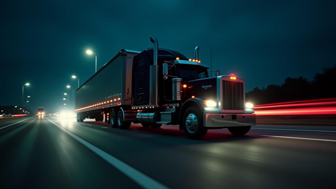 Expedited truck moving at high speed on highway at night