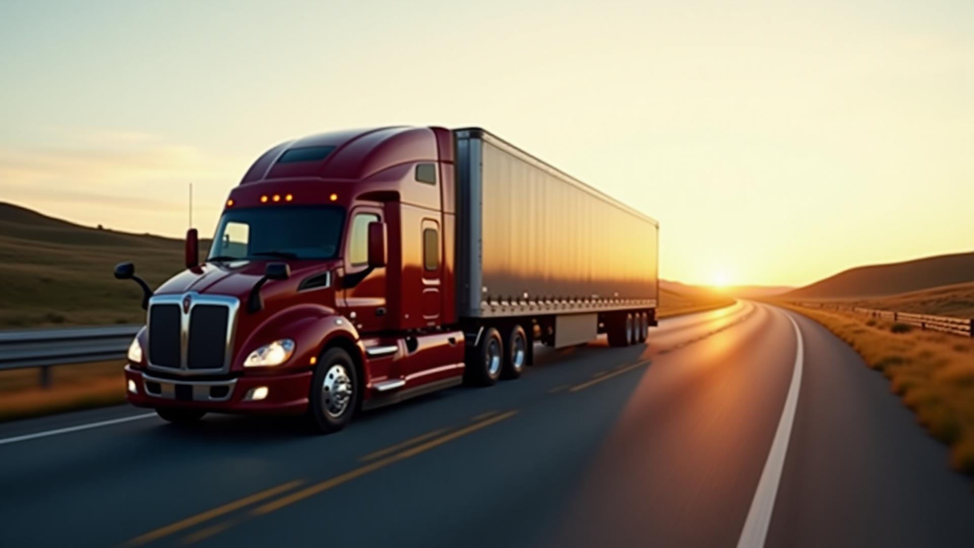 Red and black T & A logistics truck on a Missouri highway at dusk