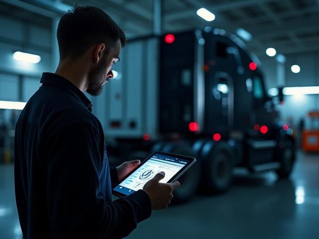 Mechanic at T&A Trucking using a tablet for engine diagnostics